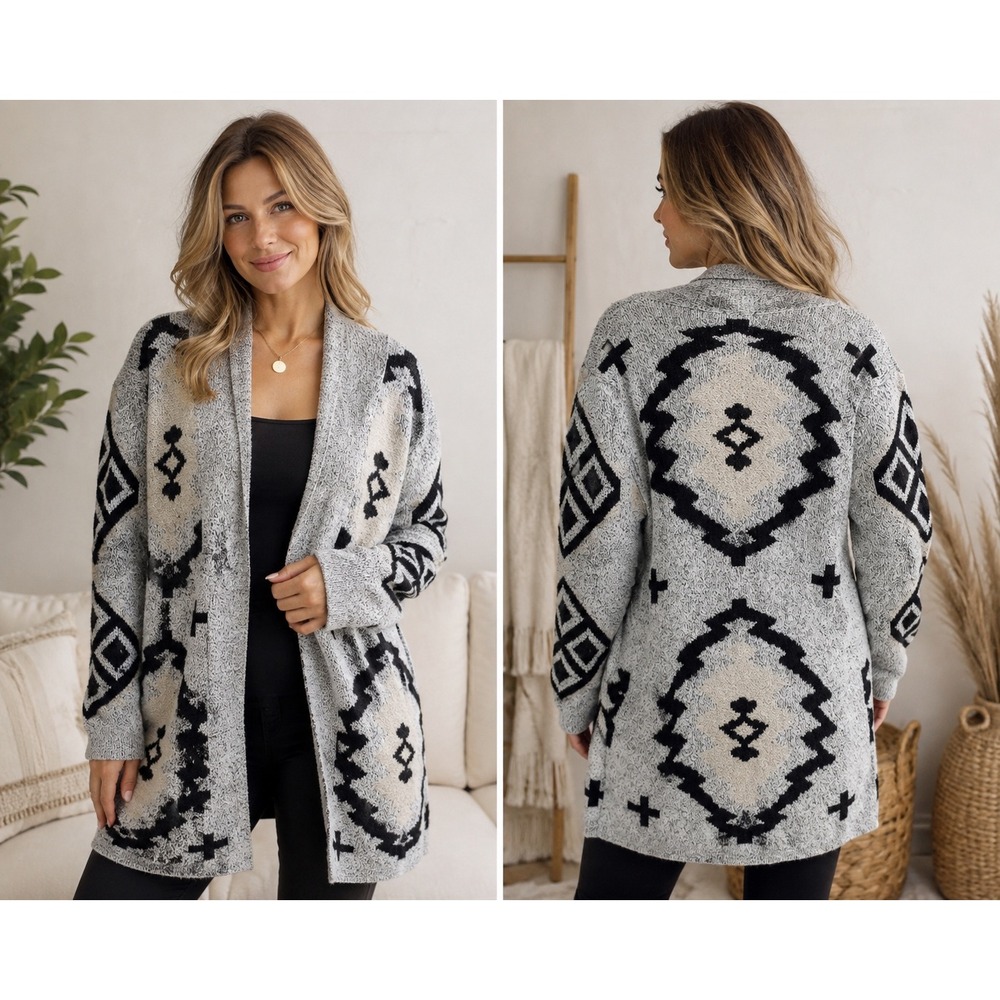 Pinkalicious Gray Aztec Tribal Open Cardigan Gray Boho Western Cozy L